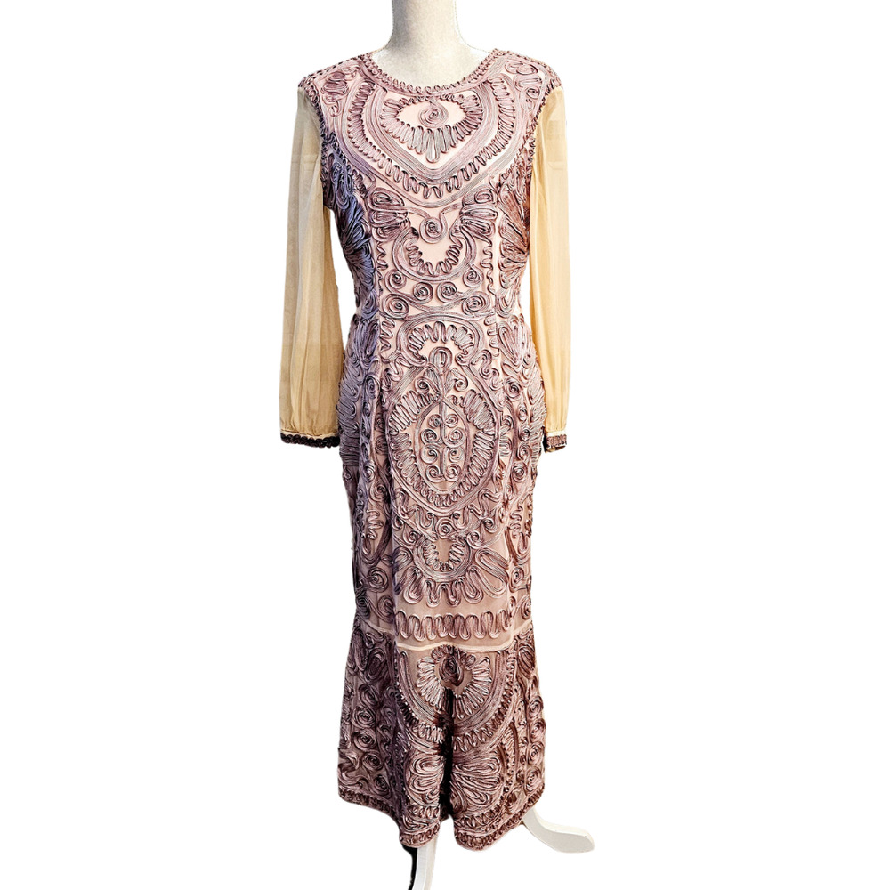JS Collection RARE Soutache Purple Lace Sheer Sleeve Midi Flute Dress $350 Sz 12 - Picture 2 of 10